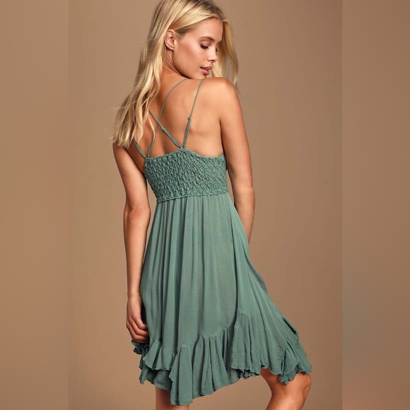 Free People Adella Slip Sage Blue Lace ruffle Teal Lace Mini Dress - Picture 4 of 10
